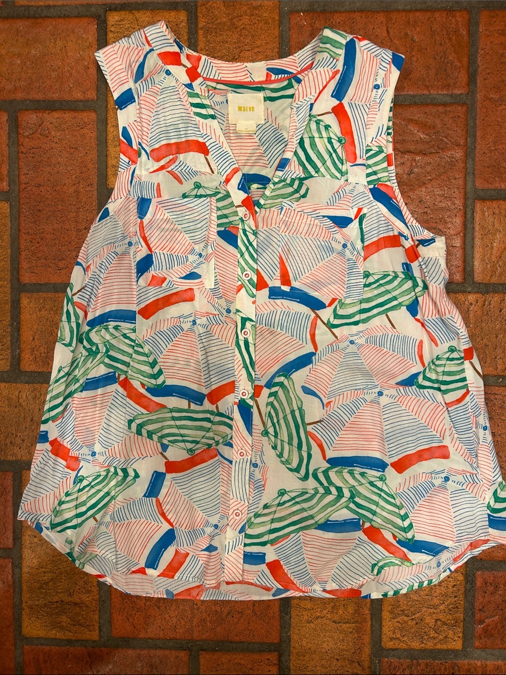 Maeve White Shell Top with Green, Blue & Coral Umbrella Print